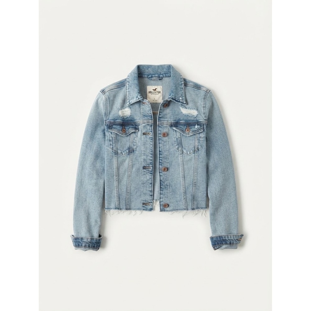 Hollister Denim Jacket Womens L Light Wash Distressed Raw Hem Cropped Good